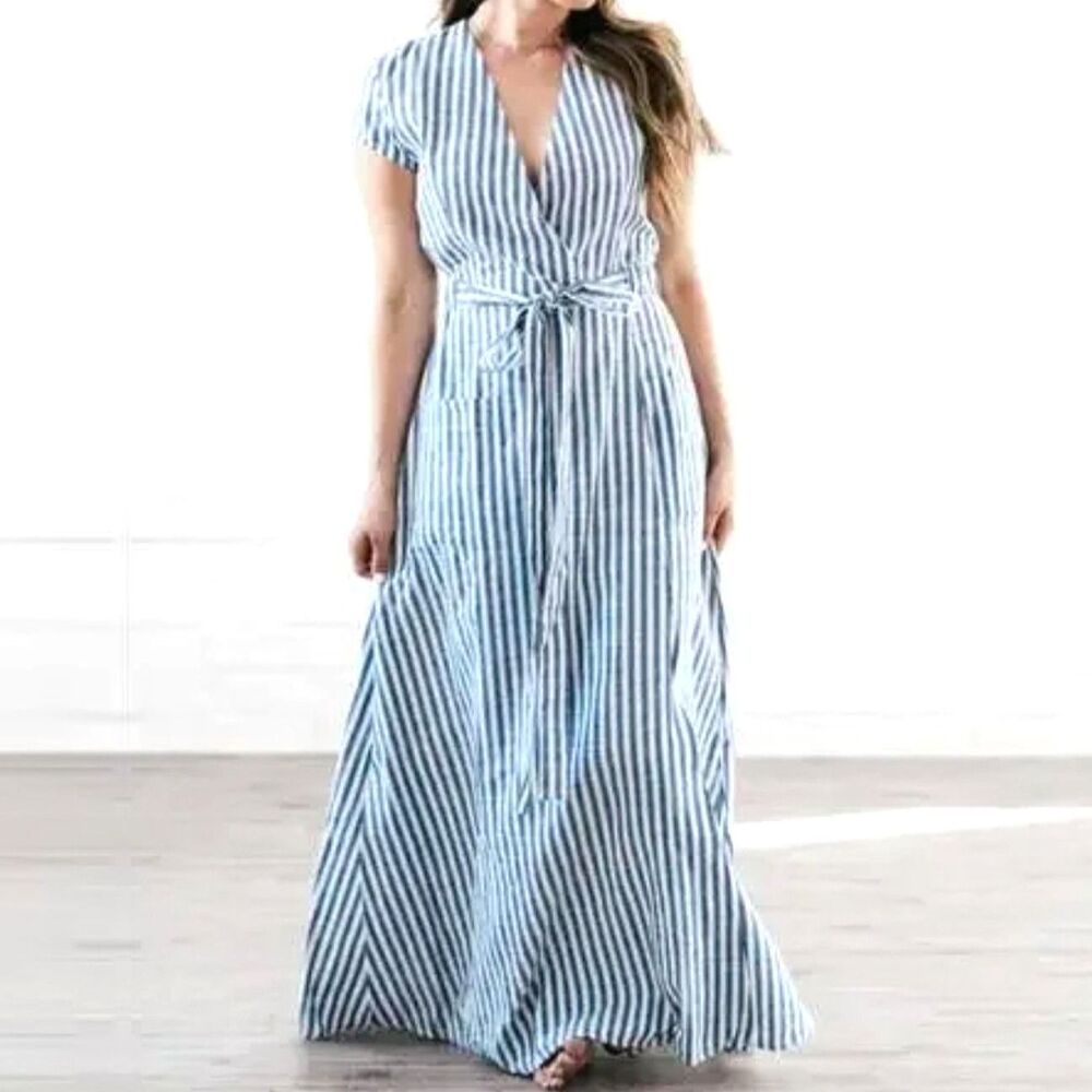 Shabby Apple Rayas Maxi Dress (L) Nautical Stripes Chambray Tie Waist